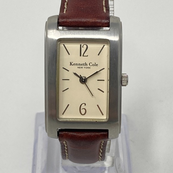 Kenneth Cole Tank Watch Women 21mm Silver Tone Matte Leather New Battery 7.25" - Picture 1 of 16